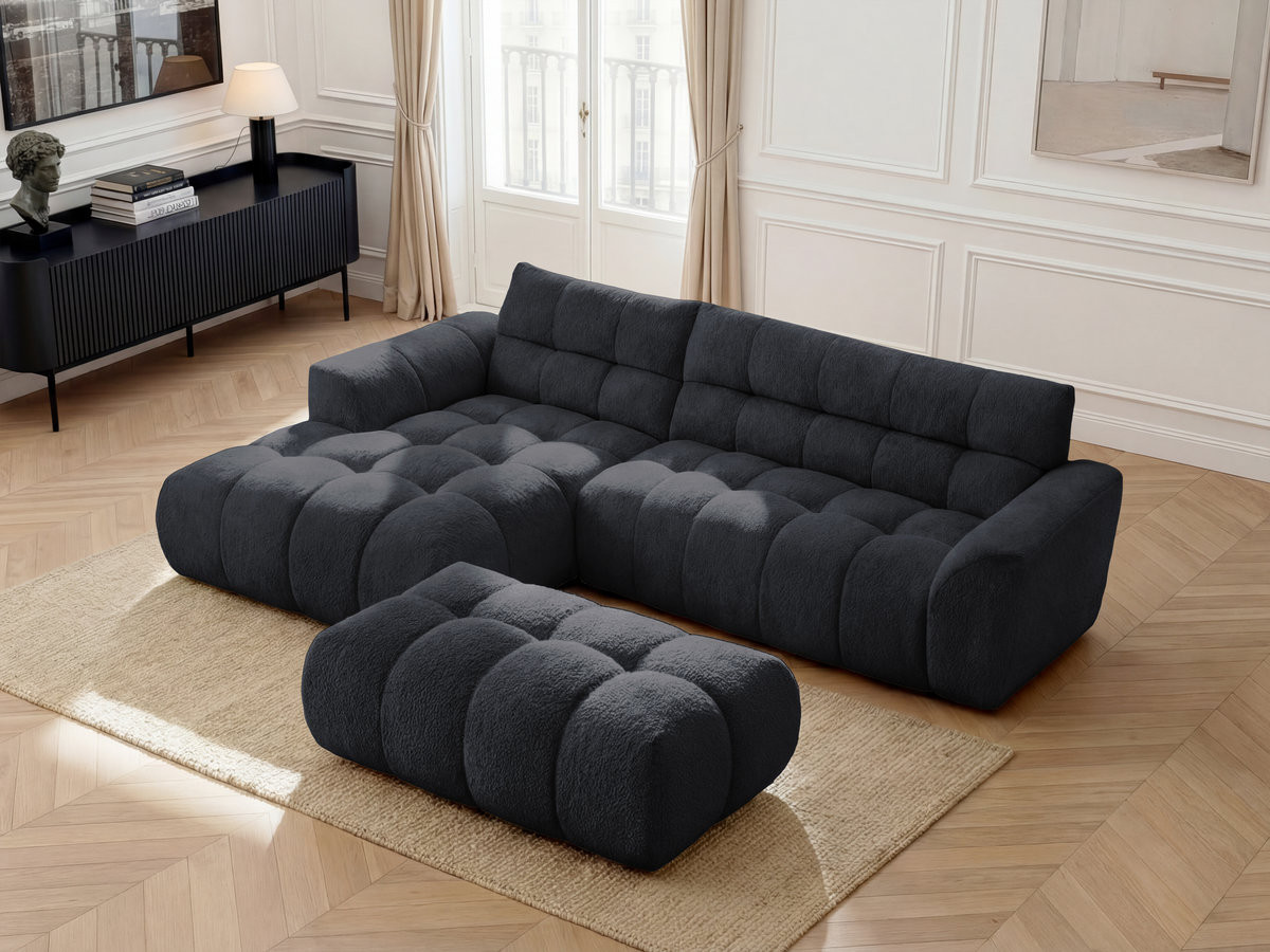 Bobochic Jaya Ecksofa mit Pouf Chenille Schwarz Ecke links