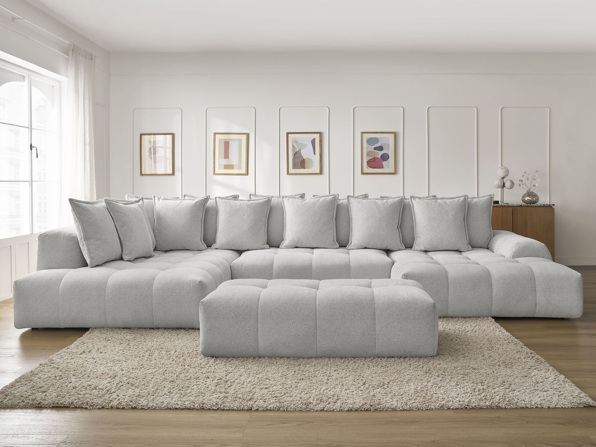 Bobochic Everest Wohnlandschaft mit Pouf, 14 Kissen Melange-Stoff Hellgrau Ecke rechts