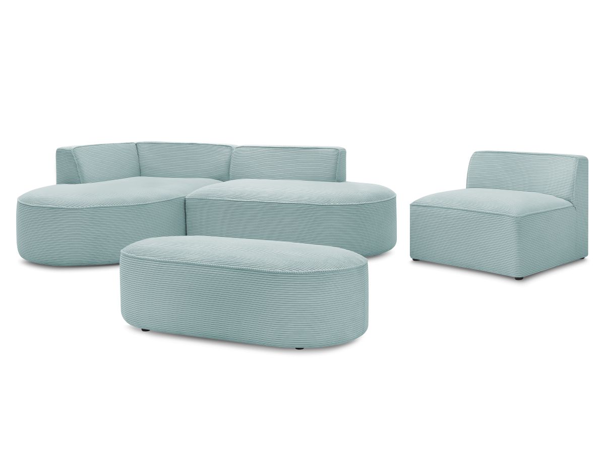 Bobochic Rousseau Ecksofa mit Sofamodul und Pouf Cordsamt Hellblau Ecke links
