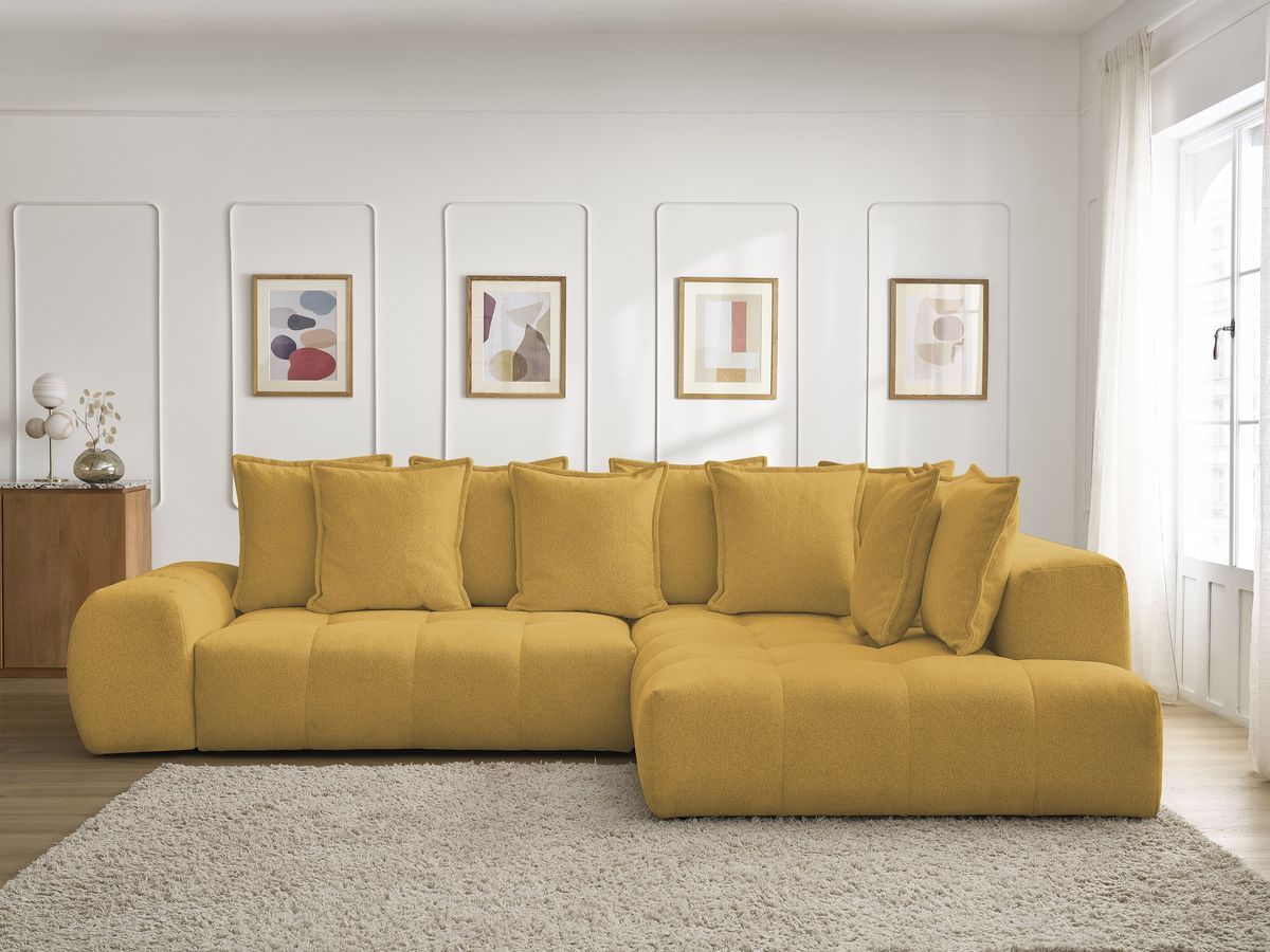 Bobochic Everest Ecksofa mit Schlaffunktion und Bettkasten 320 × 212 cm, 10 Kissen Melange-Stoff Gelb Ecke rechts
