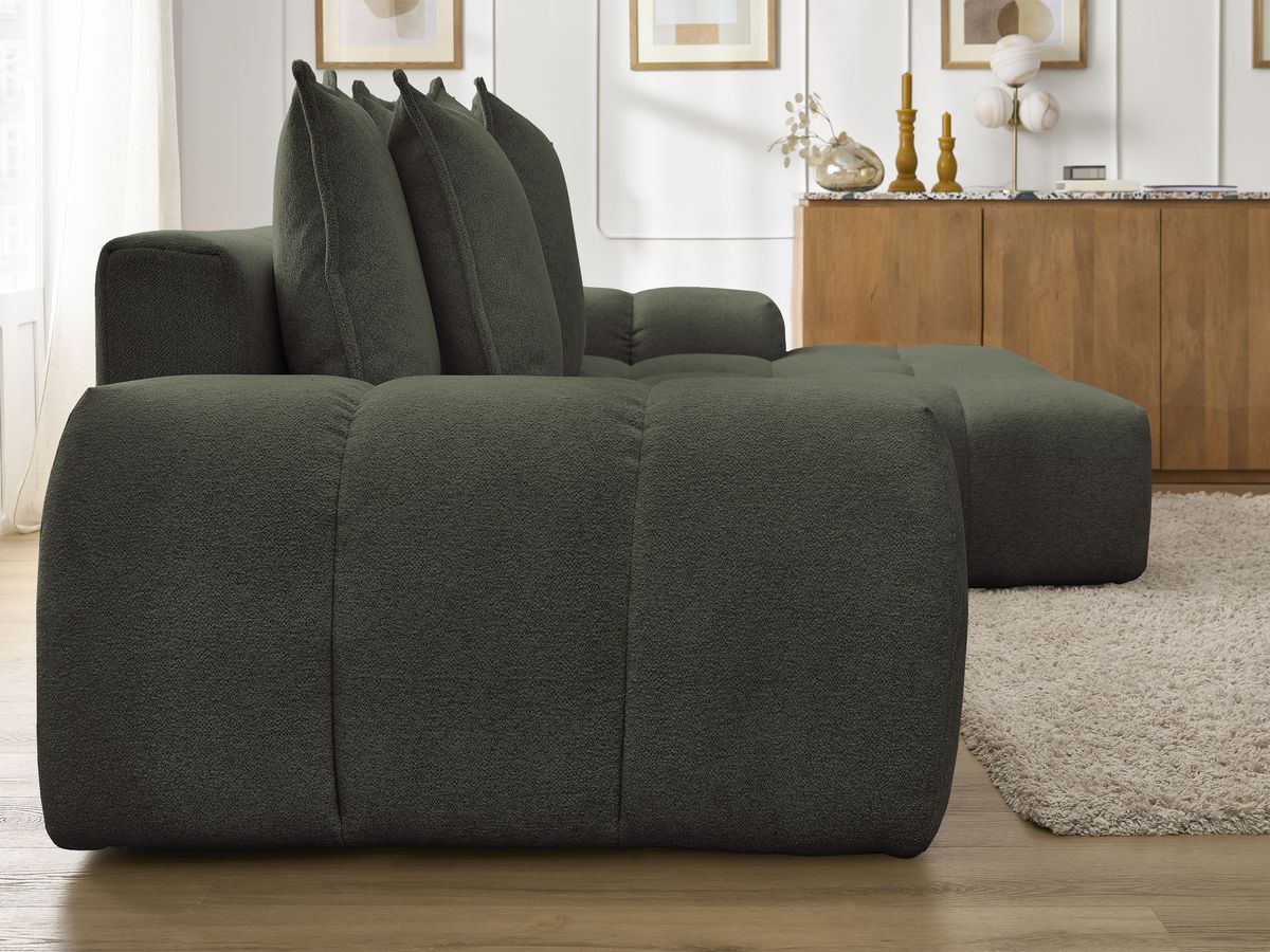 Bobochic Everest Ecksofa mit Schlaffunktion und Bettkasten 318 × 180 cm, 7 Kissen Melange-Stoff Grün Ecke rechts
