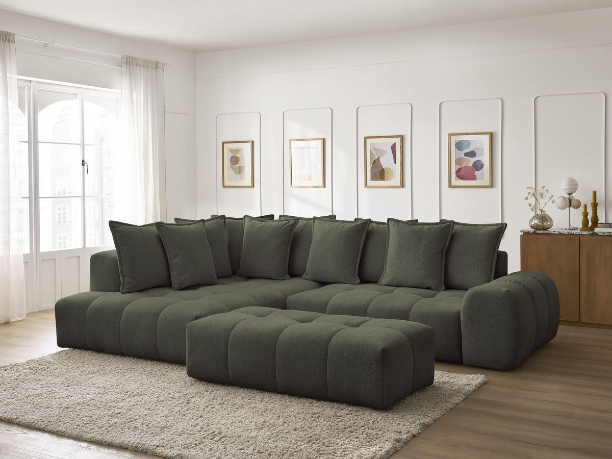 Bobochic Everest Ecksofa mit Schlaffunktion und Bettkasten und Pouf 320 × 212 cm, 10 Kissen Melange-Stoff Grün Ecke links
