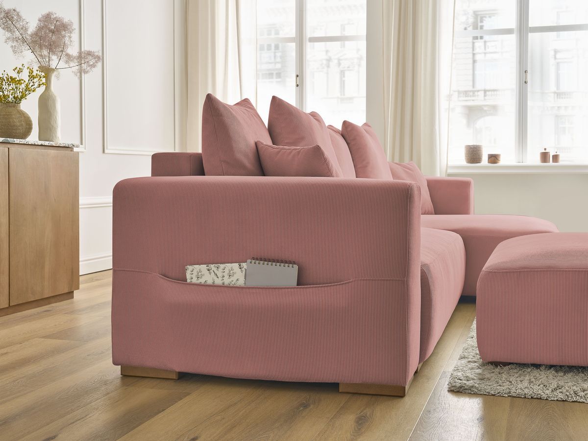 Bobochic Sidonie Ecksofa mit Schlaffunktion und Bettkasten und Pouf Cordsamt Rosa