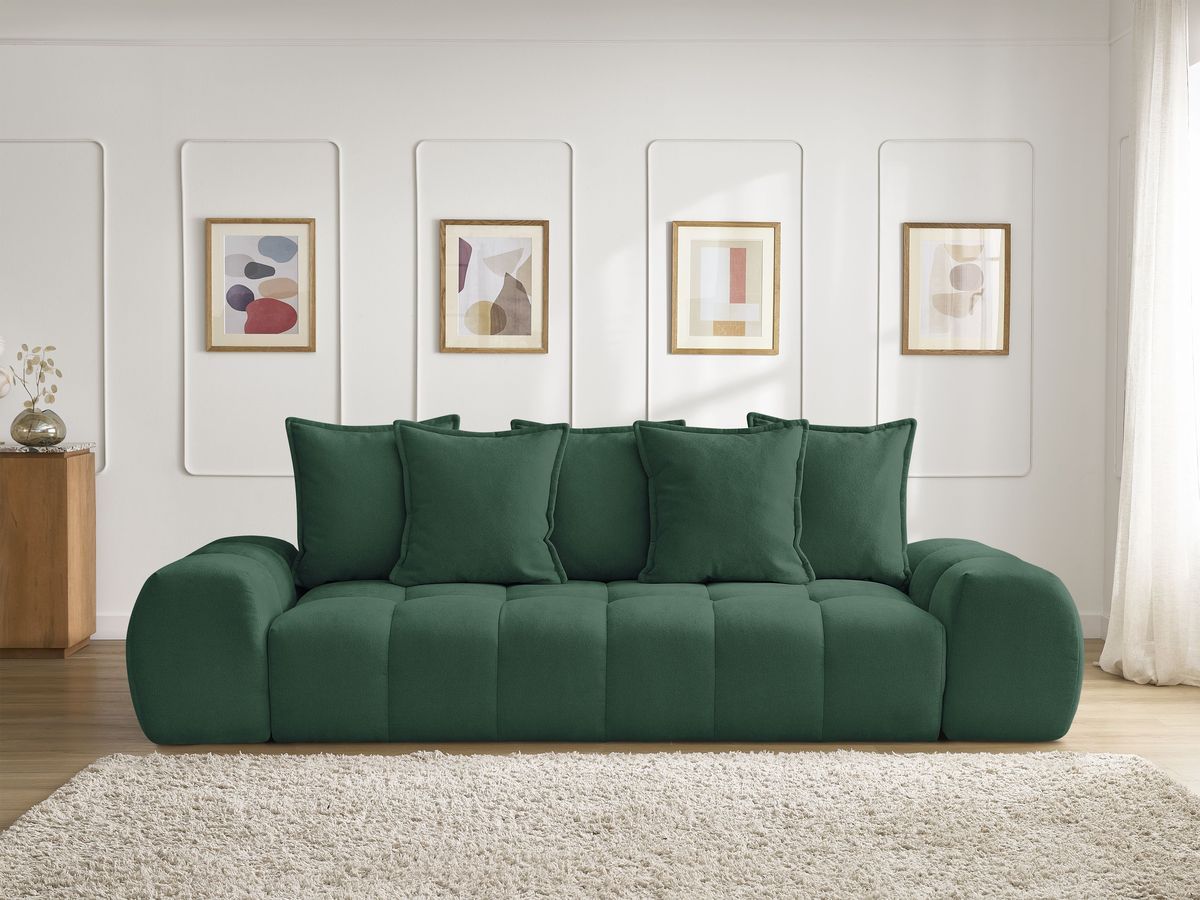 Bobochic Everest Schlafsofa 3-Sitzer mit Bettkasten, 5 Kissen Strukturstoff Grün
