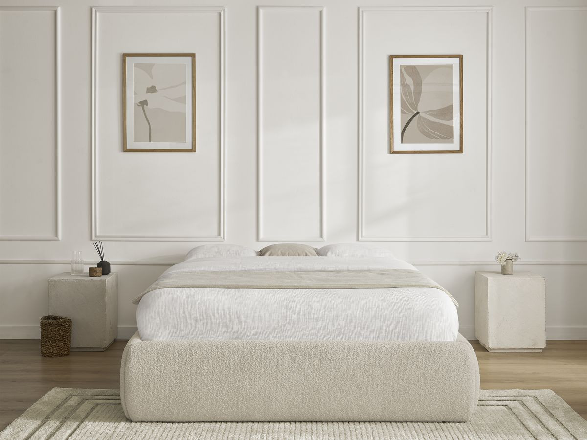 Bobochic Inera Bettgestell mit Bettkasten, ohne Kopfteil Bouclé-Stoff Beige, Liegefläche 140 × 190 cm