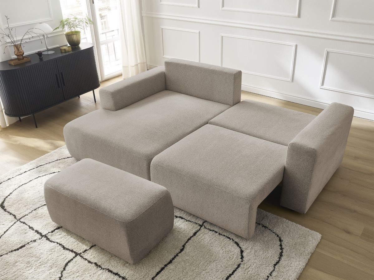 Bobochic Atilla Ecksofa mit Schlaffunktion und Bettkasten und Pouf Melange-Stoff Taupe Ecke links
