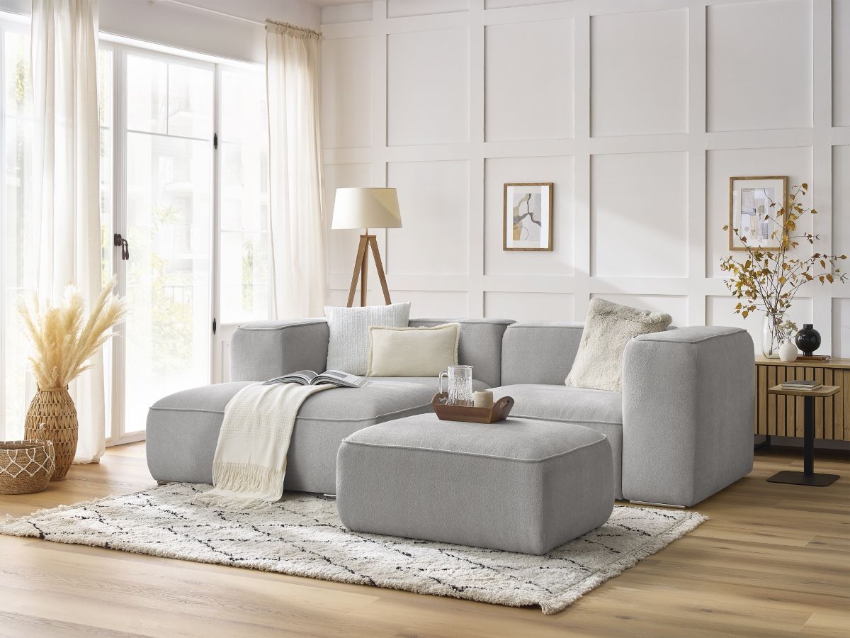 Bobochic Zephyr Ecksofa mit Pouf 260 × 165 cm Strukturstoff Hellgrau Ecke links