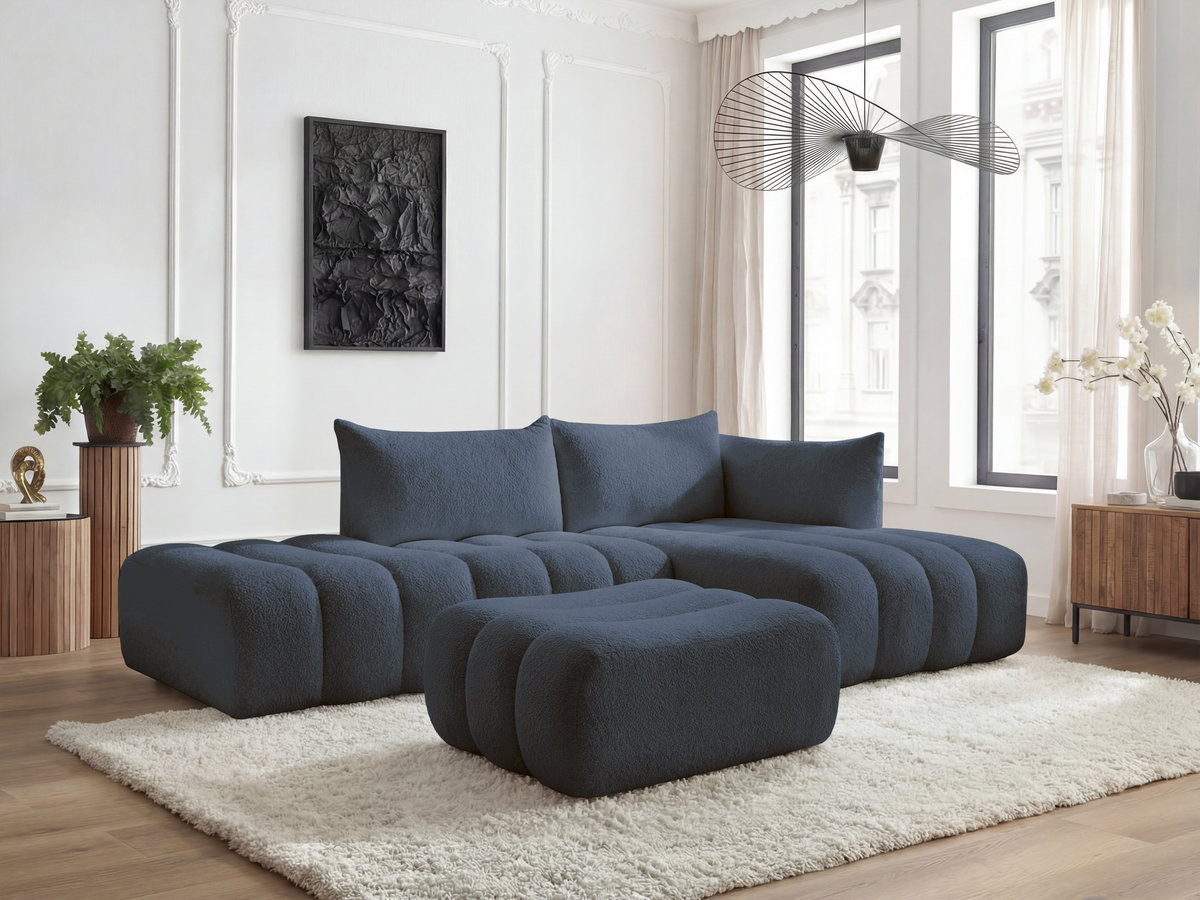 Bobochic Azra Ecksofa mit Pouf 319 × 178 cm Bouclé-Stoff Dunkelblau Ecke rechts