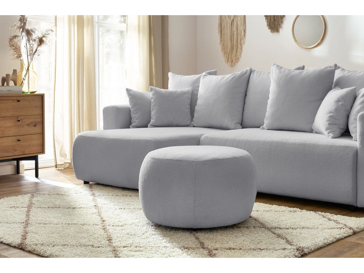 Bobochic Envy Ecksofa mit Schlaffunktion und Bettkasten und rundem Pouf Bouclé-Stoff Hellgrau