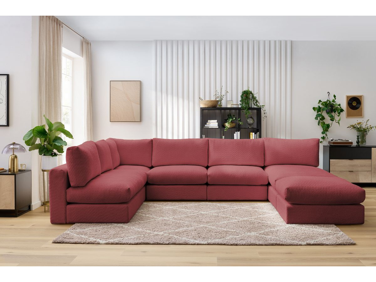 Bobochic Paris Ecksofa mit Pouf 369 × 262 cm Bouclé-Stoff Rot