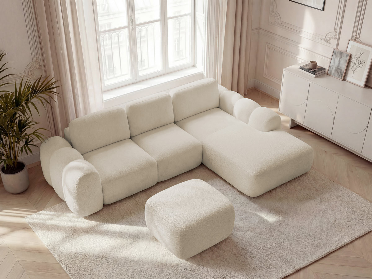 Bobochic Montaigne Ecksofa mit Schlaffunktion und Bettkasten und Pouf 288 × 196 cm Bouclé-Stoff Beige Ecke rechts