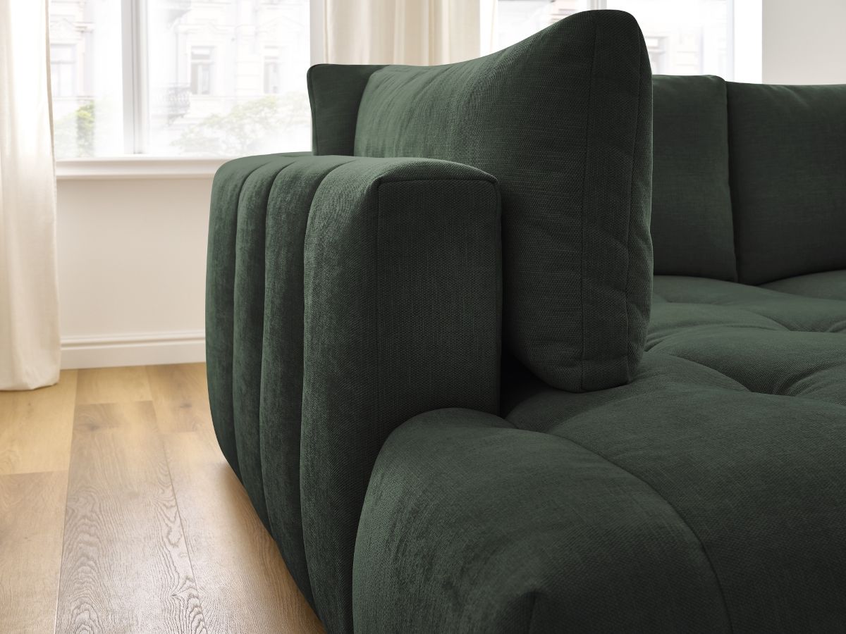 Bobochic Fuji Ecksofa mit Schlaffunktion und Bettkasten und Pouf 282 × 204 cm Stoff Grün Ecke links