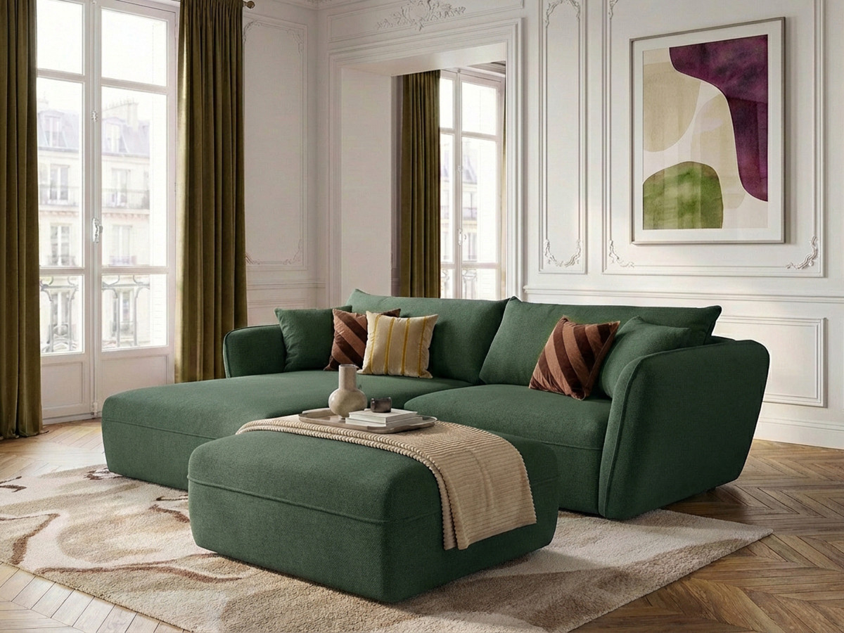 Bobochic Luigi Ecksofa mit Pouf Strukturstoff Grün Ecke links