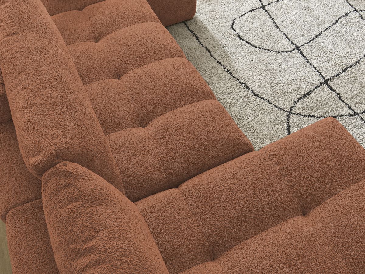 Bobochic Anakin Wohnlandschaft, Liegefläche 137 × 382 cm, 3 Kissen Bouclé-Stoff Orange