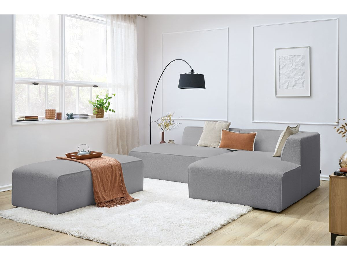 Bobochic Megeve Ecksofa mit Schlaffunktion und Pouf Bouclé-Stoff Hellgrau Ecke rechts