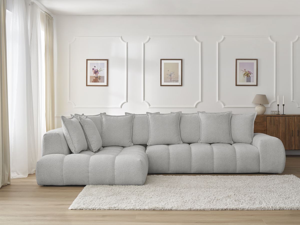 Bobochic Everest Ecksofa, 10 Kissen Melange-Stoff Hellgrau Ecke links