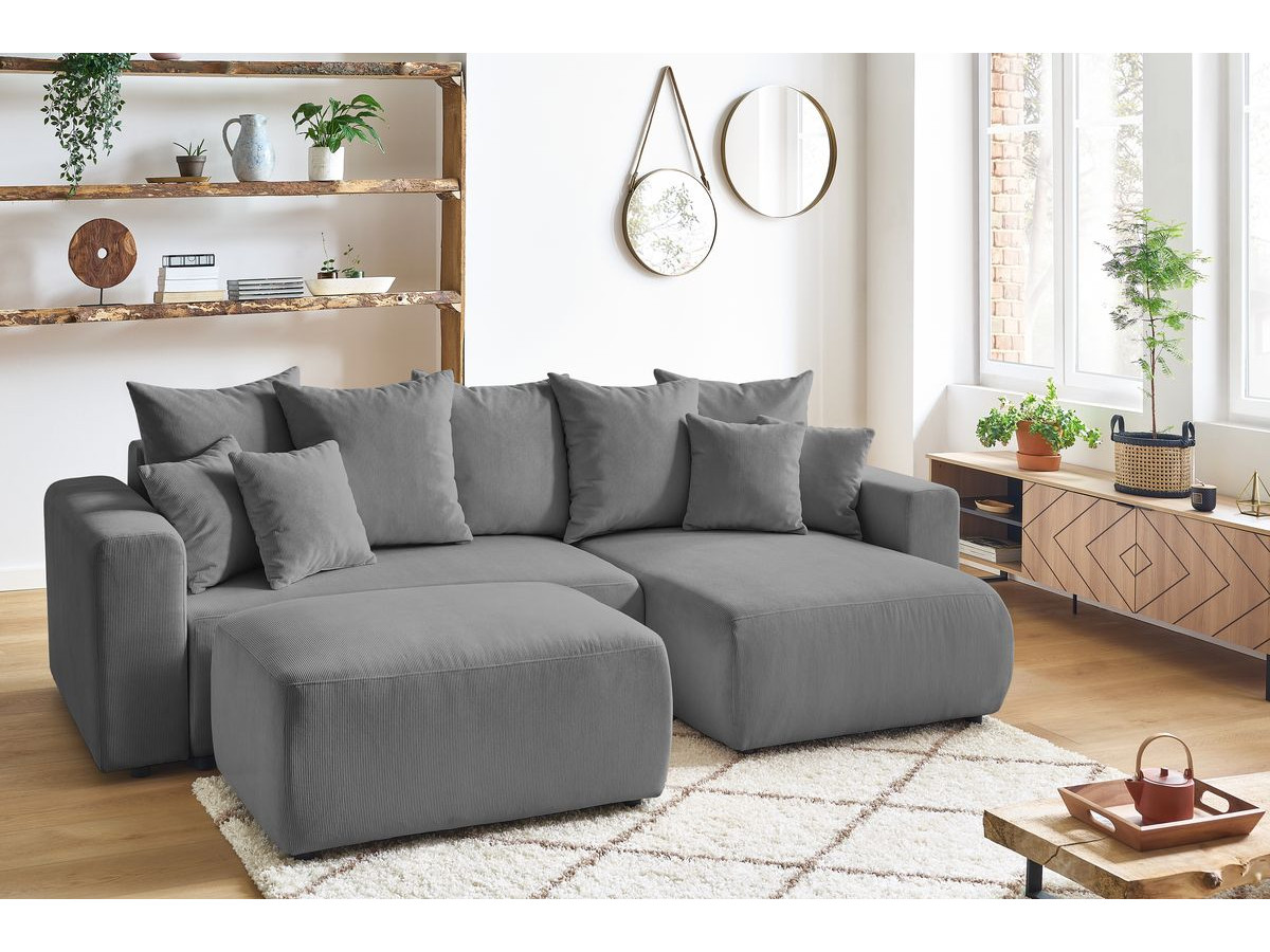 Bobochic Envy Ecksofa mit Schlaffunktion und Bettkasten und Pouf Cordsamt Dunkelgrau