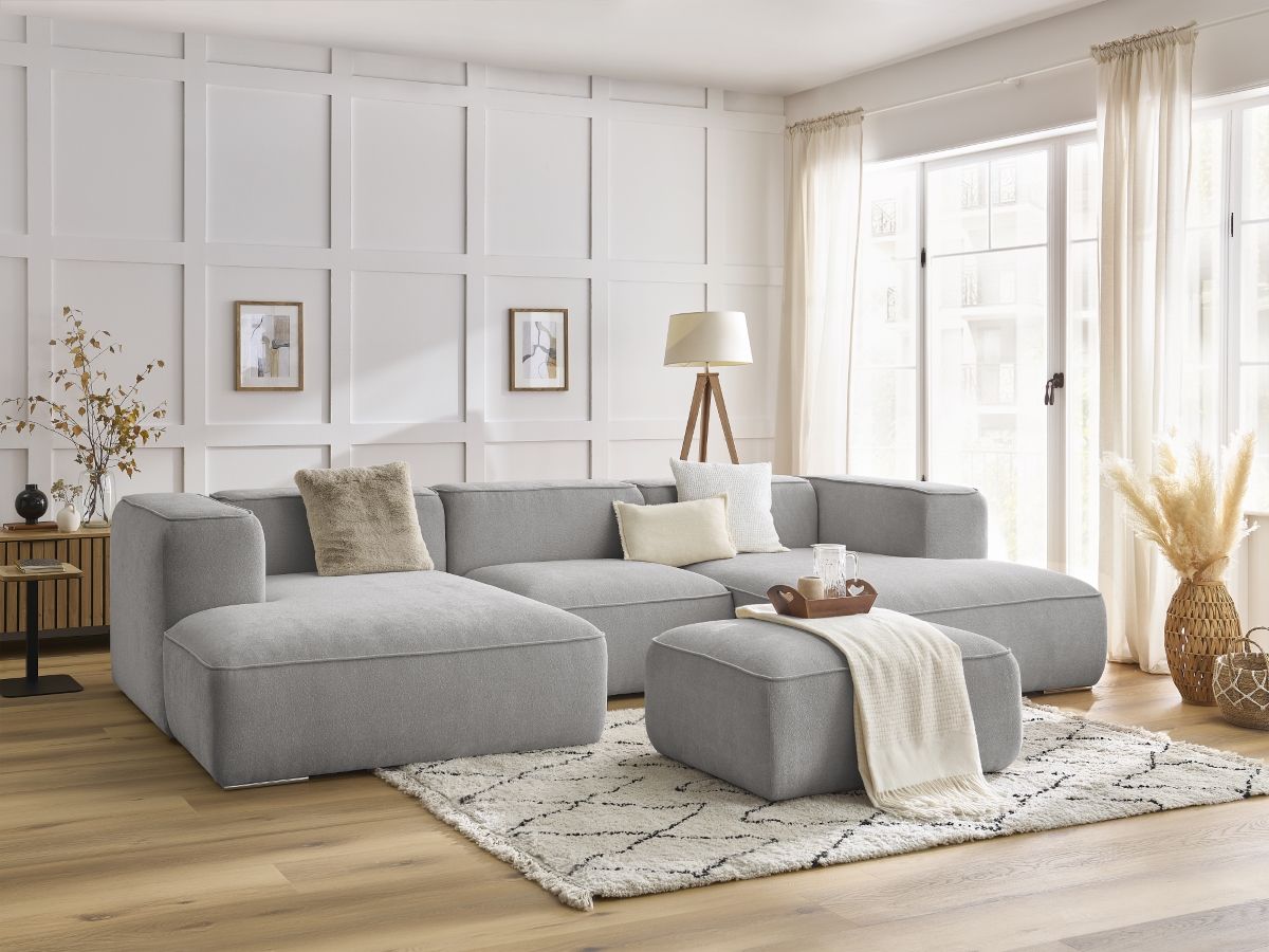 Bobochic Zephyr Wohnlandschaft mit Pouf Strukturstoff Hellgrau