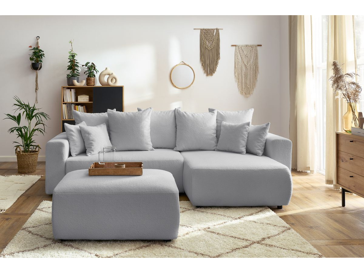 Bobochic Envy Ecksofa mit Schlaffunktion und Bettkasten und rechteckigem Pouf Bouclé-Stoff Hellgrau