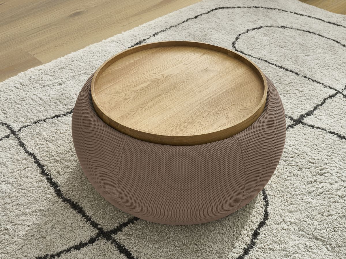 Bobochic Hayden Pouf mit Tablett, rund Mesh-Stoff Braun, 77 cm