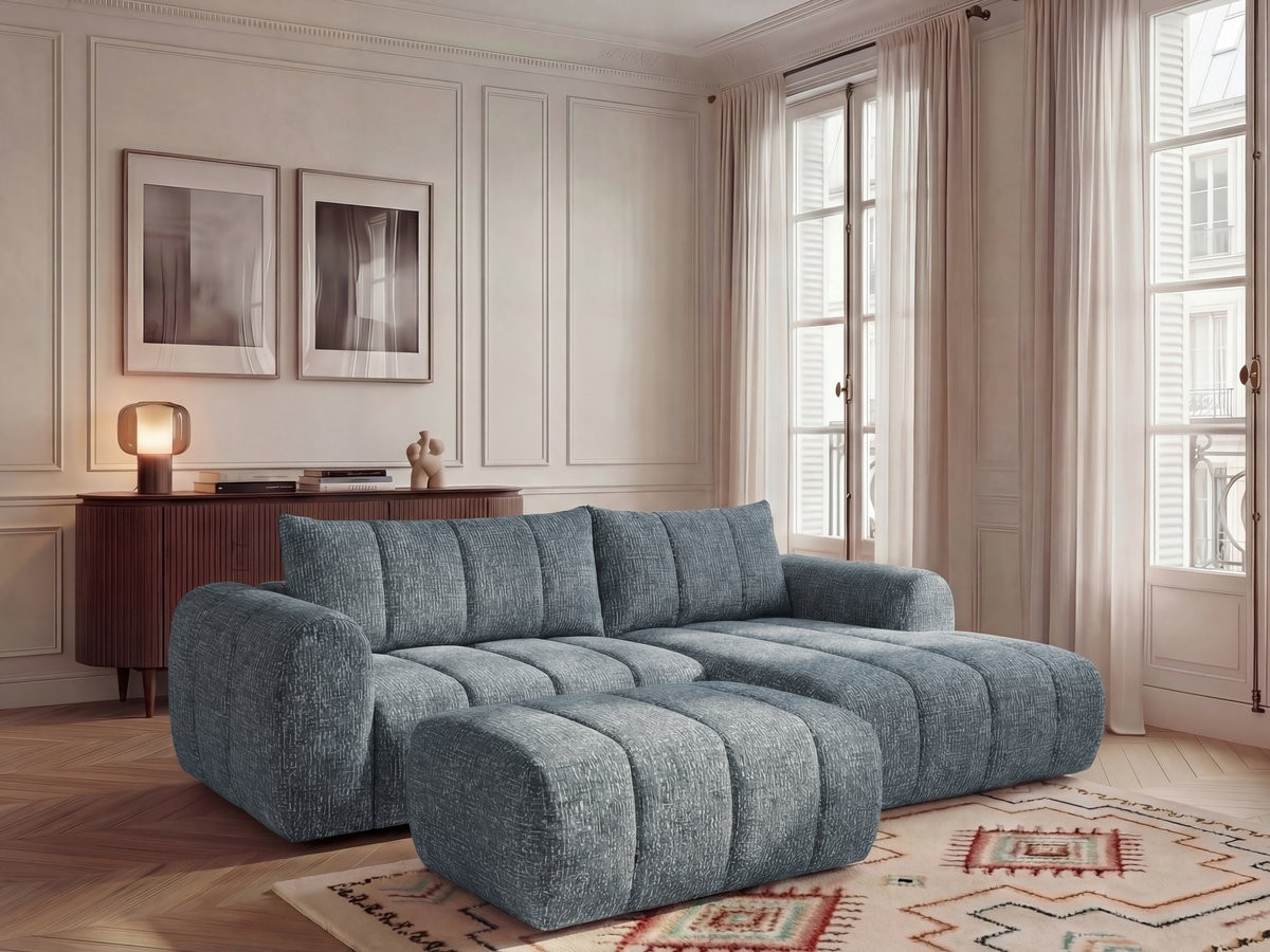 Bobochic Nesty Ecksofa 272 cm mit Pouf Melange-Stoff Blau Ecke rechts
