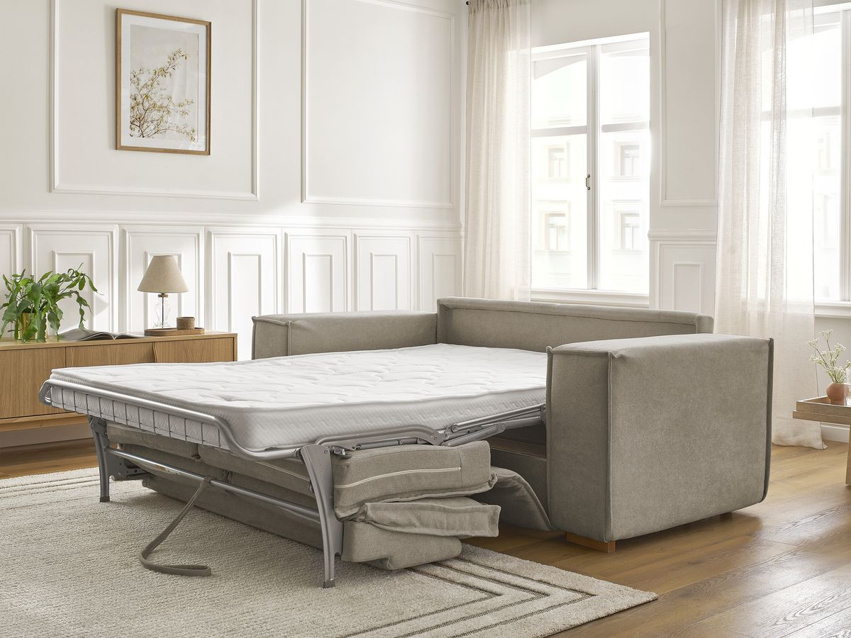 Bobochic Chelsea Schlafsofa 3-Sitzer Strukturstoff Taupe, Liegefläche 140 × 200 cm