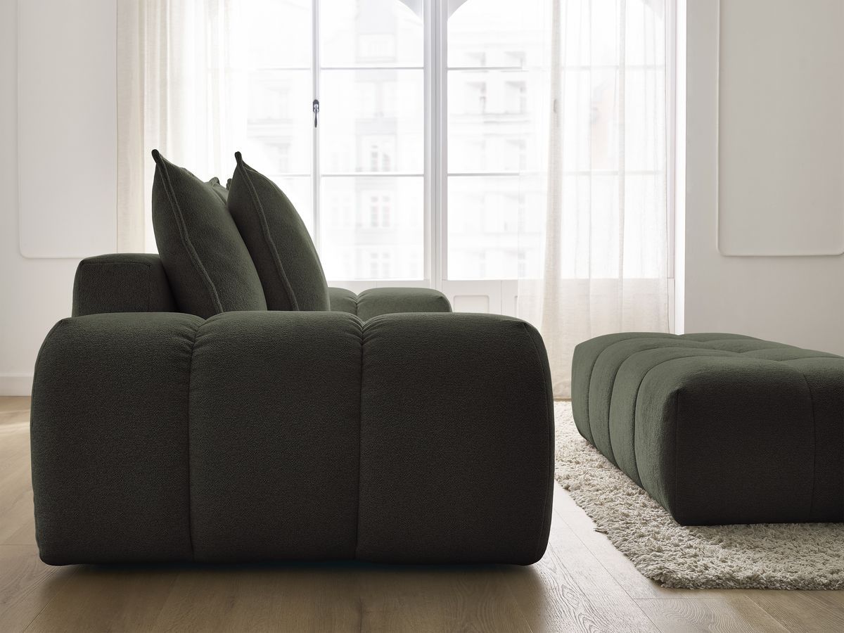 Bobochic Everest Schlafsofa 3-Sitzer mit Bettkasten und Pouf, 5 Kissen Melange-Stoff Grün
