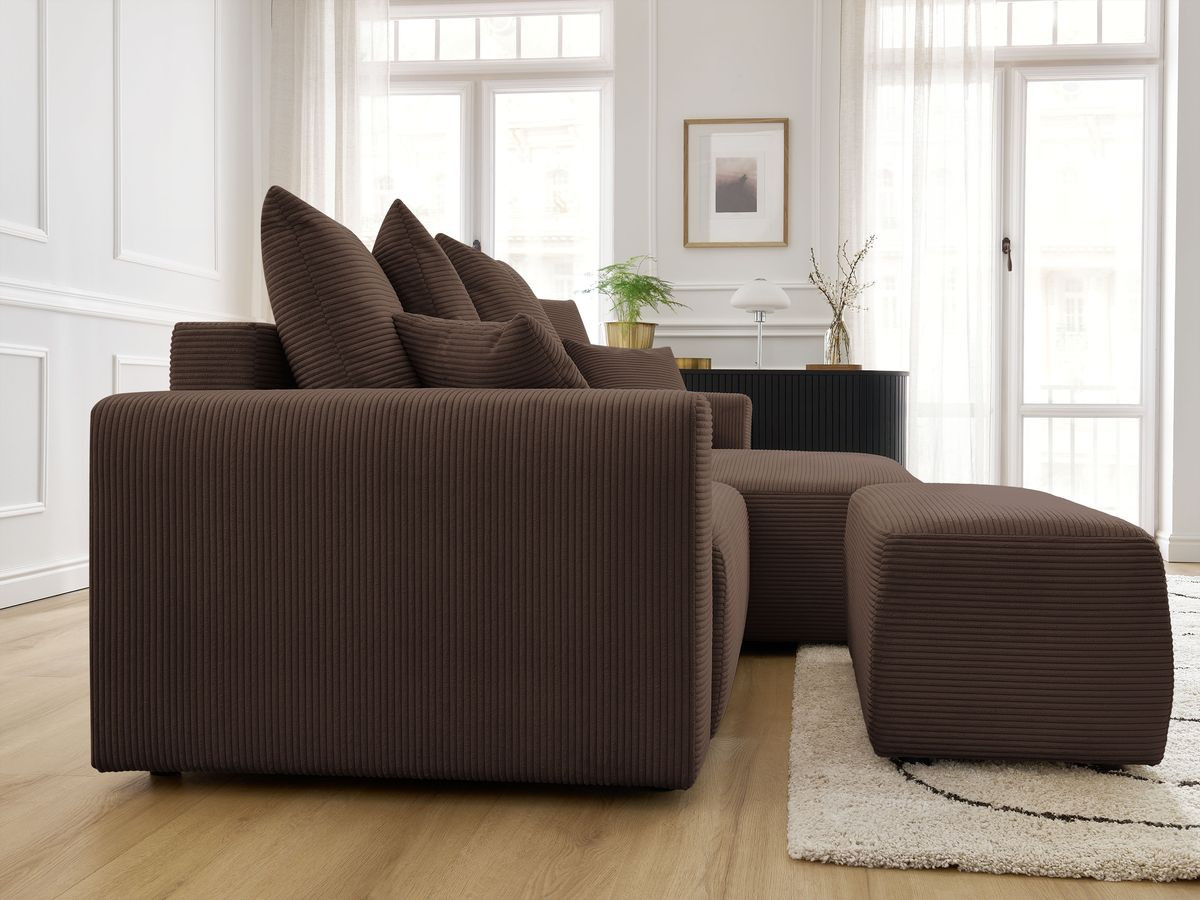 Bobochic Atilla Ecksofa mit Schlaffunktion und Bettkasten und Pouf Cordsamt Braun Ecke rechts