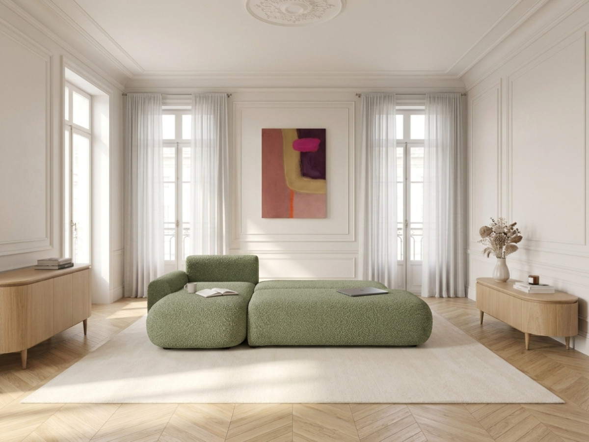 Bobochic Tango Ecksofa mit Schlaffunktion und Bettkasten Bouclé-Stoff Grün Ecke links