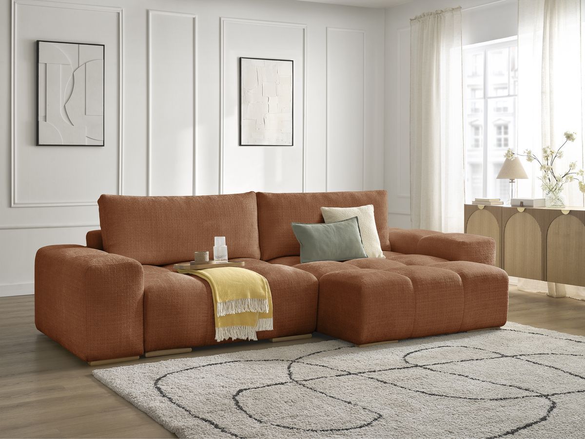 Bobochic Anakin Ecksofa mit Schlaffunktion und Bettkasten, 2 Kissen Strukturstoff Orange