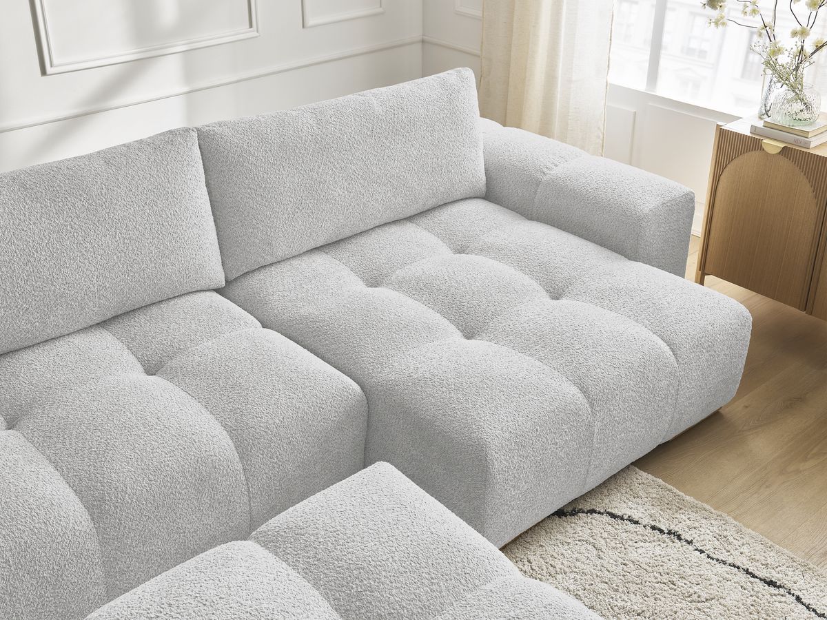 Bobochic Anakin Wohnlandschaft mit Pouf, 3 Kissen Bouclé-Stoff Hellgrau