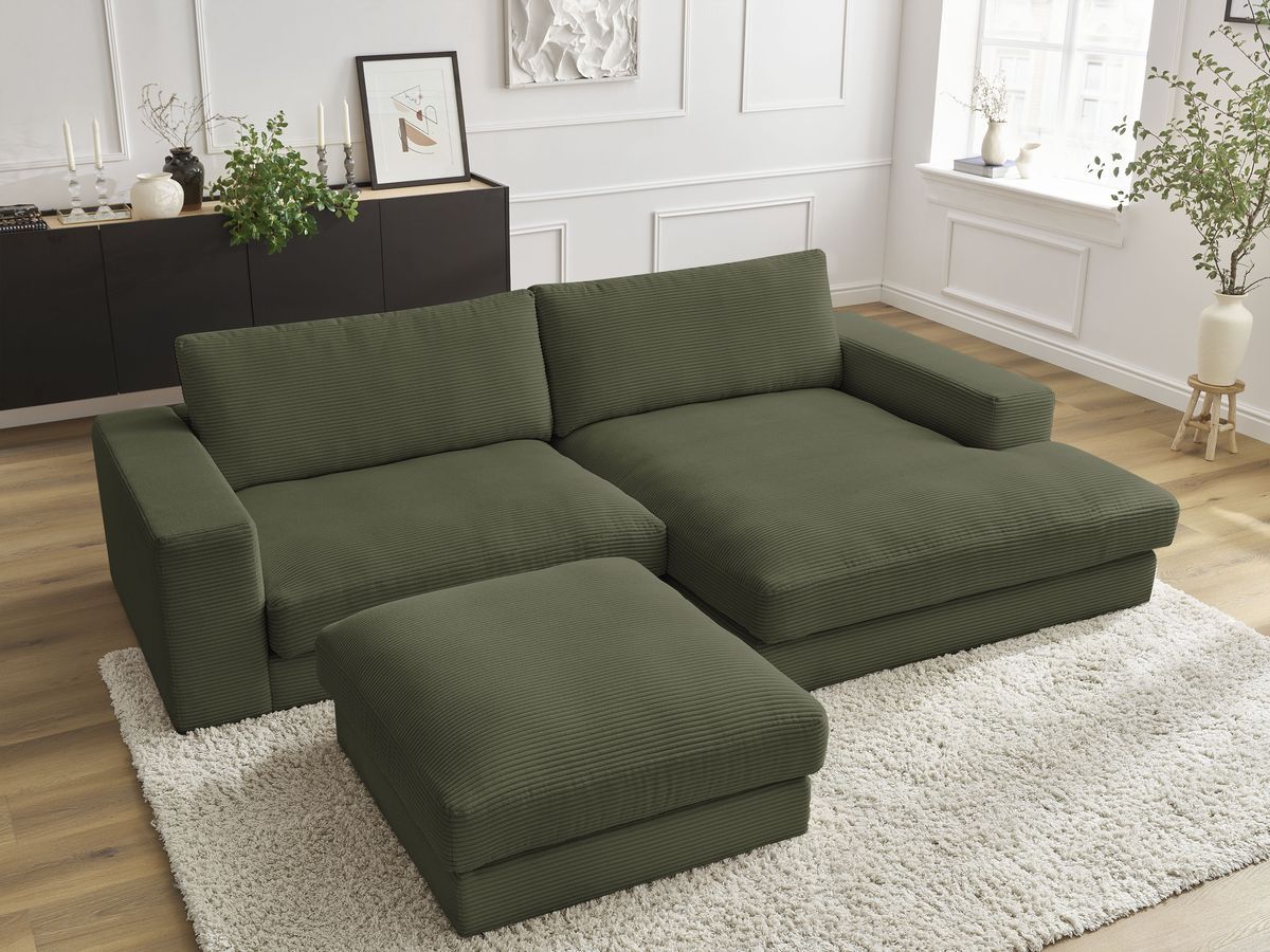 Bobochic Leonard Ecksofa mit Pouf 274 × 159 cm Cordsamt Hellgrün Ecke rechts