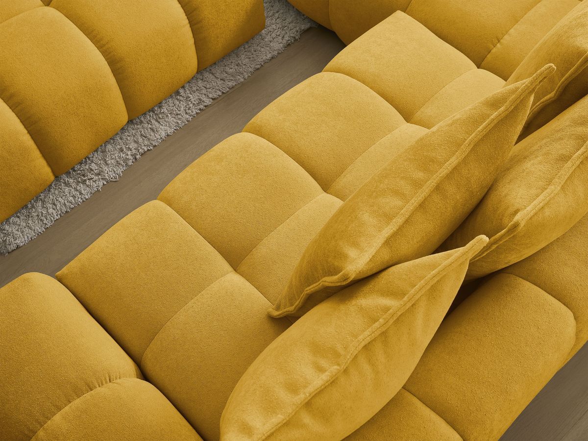 Bobochic Everest Ecksofa mit Schlaffunktion und Bettkasten und Pouf 320 × 212 cm, 10 Kissen Strukturstoff Gelb Ecke links