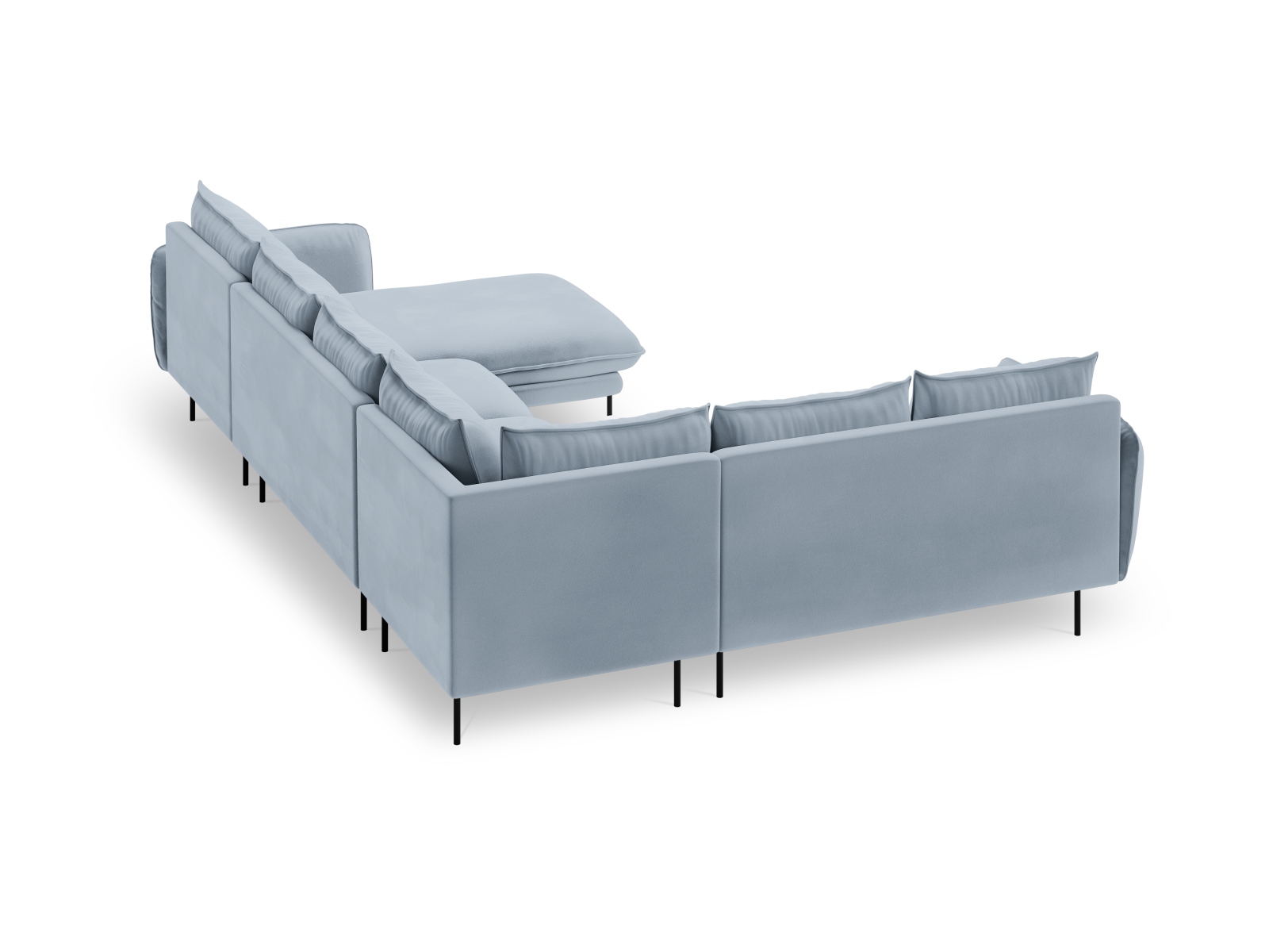 Cosmopolitan Design Panoramasofa Vienna 7-Sitzer Samt Bluvel Hellblau Links Beine Schwarzes Metall