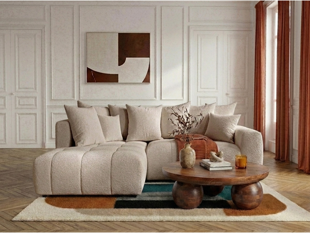 Bobochic Roxelane Ecksofa mit Schlaffunktion und Bettkasten Bouclé-Stoff Beige Ecke links