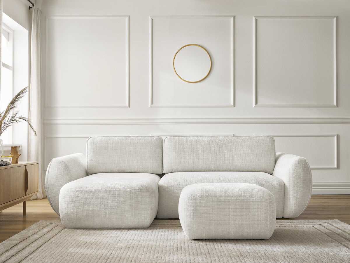 Bobochic Denise Ecksofa mit Schlaffunktion und Bettkasten und Pouf 258 × 160 cm Strukturstoff Weiß Ecke links