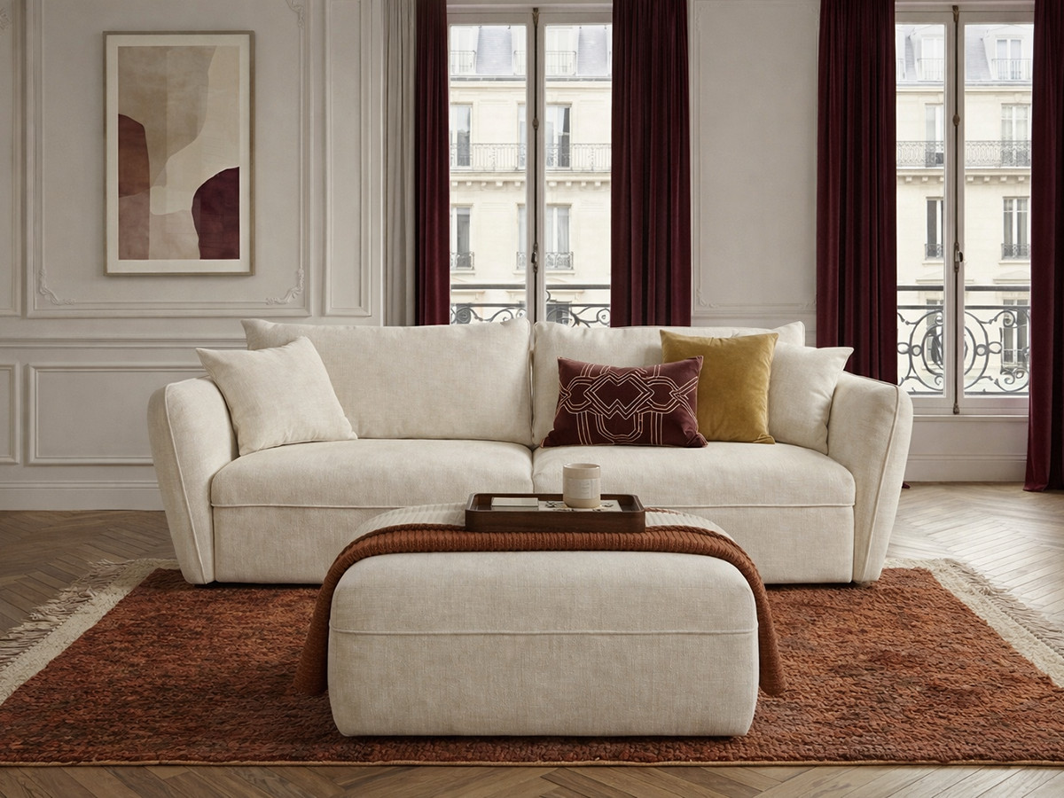 Bobochic Luigi Sofa 3-Sitzer mit Pouf Strukturstoff Weiß