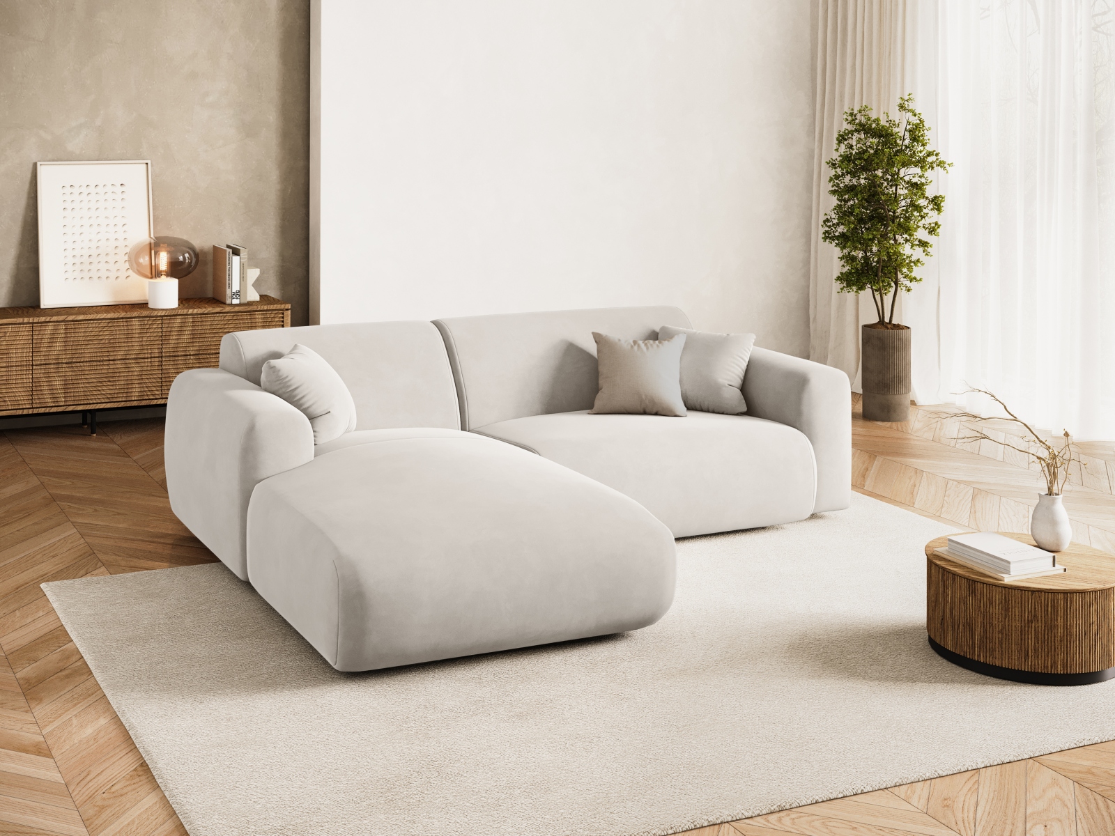Cosmopolitan Design Ecksofa Nolio 4-Sitzer kleine Version Samt Casino Helles Beige Links