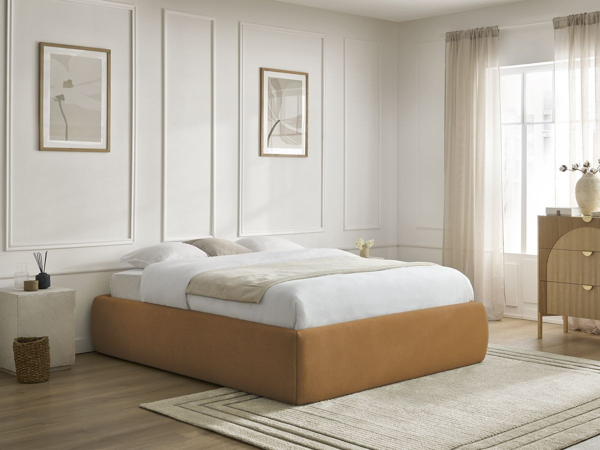 Bobochic Inera Bettgestell mit Bettkasten, ohne Kopfteil Stoff Gelb, Liegefläche 140 × 190 cm