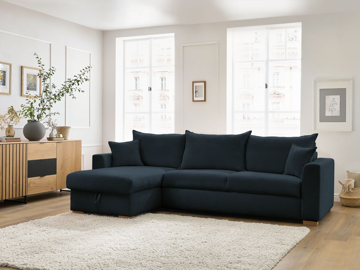 Bobochic Augustin Ecksofa mit Schlaffunktion und Bettkasten Bouclé-Stoff Dunkelblau, Liegefläche 140 × 200 cm