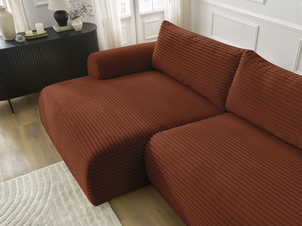 Bobochic Lucien Ecksofa mit Schlaffunktion und Bettkasten 314 × 167 cm Breitcord weich Orange Ecke links