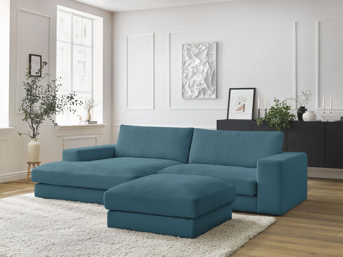 Bobochic Leonard Ecksofa mit Pouf 234 × 159 cm Cordsamt Hellblau Ecke links