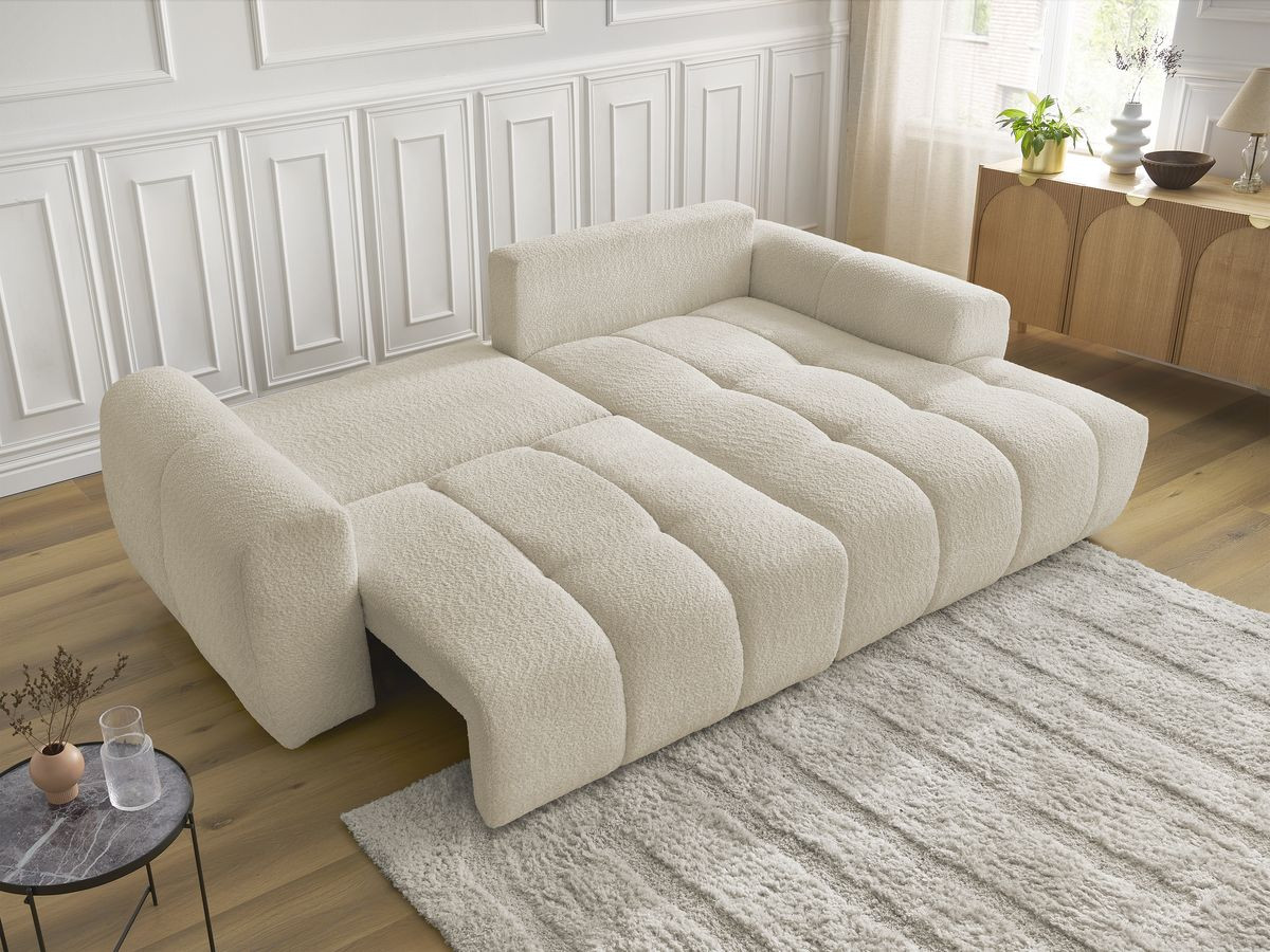 Bobochic Roxelane Ecksofa mit Schlaffunktion und Bettkasten 258 × 150 cm Bouclé-Stoff Beige Ecke rechts