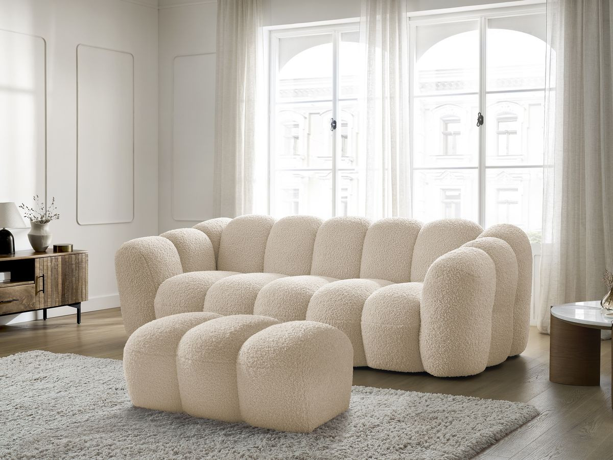 Bobochic Hippolyte Sofa 3-Sitzer mit Pouf Bouclé-Stoff Beige