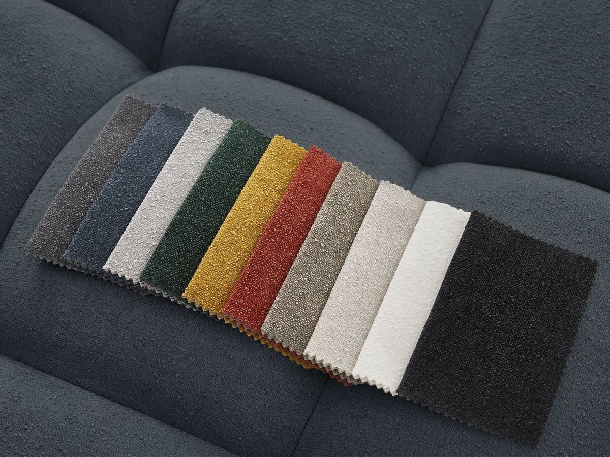 Bobochic Everest Ecksofa mit Schlaffunktion und Bettkasten 320 × 212 cm, 10 Kissen Strukturstoff Dunkelblau Ecke rechts