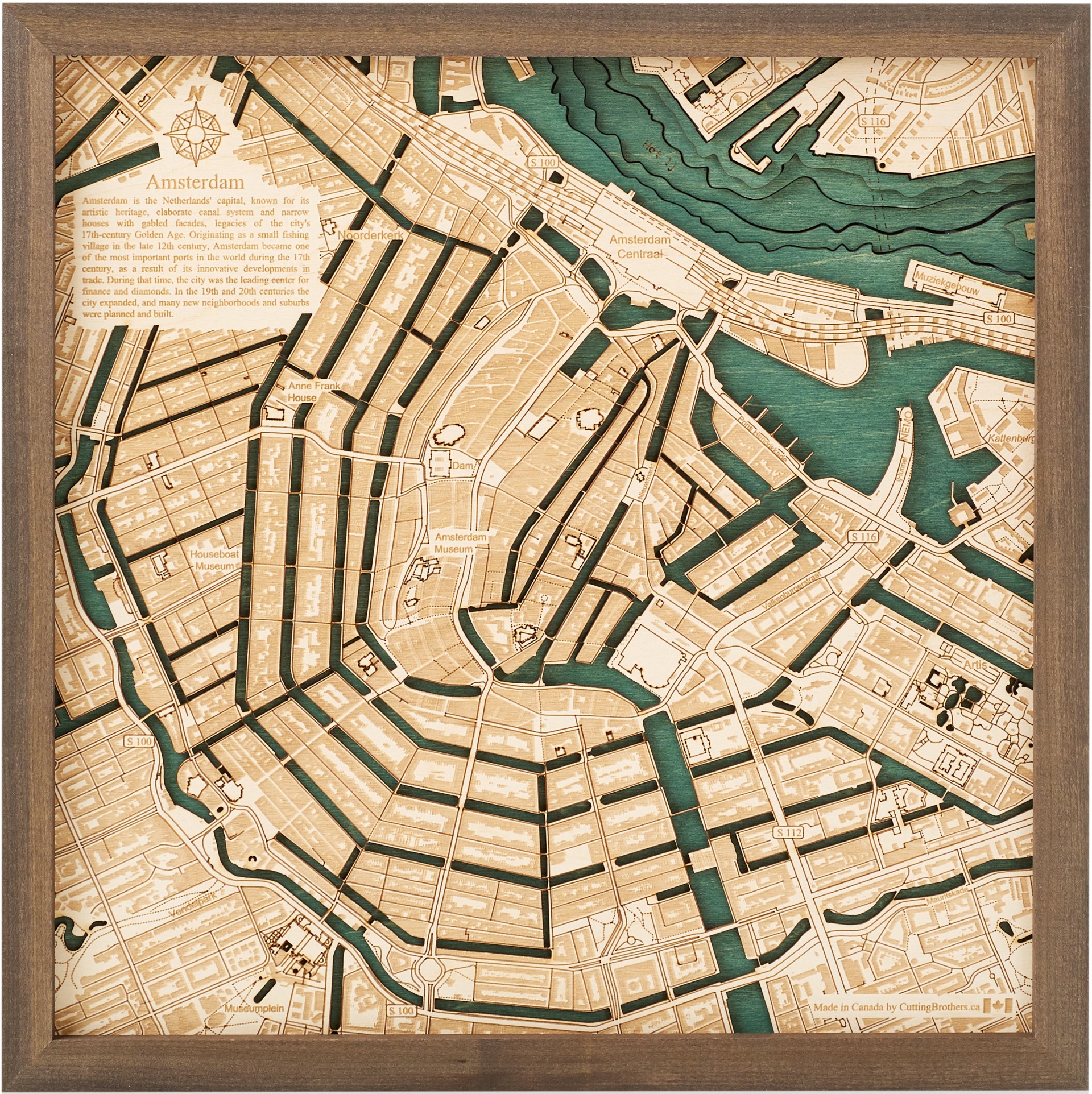 Cutting Brothers 3D Holz-Wandkarte Amsterdam 35x35 cm