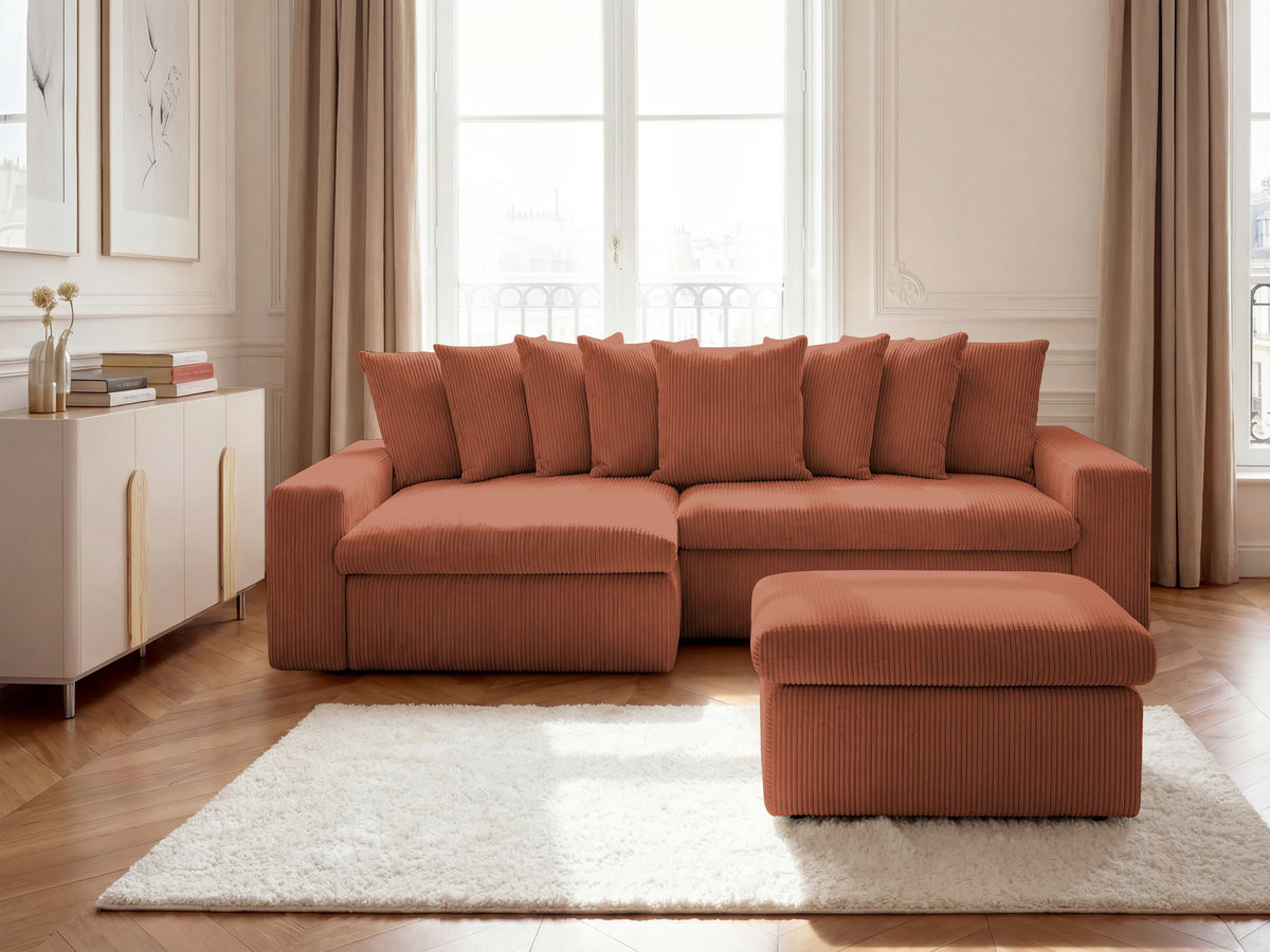 Bobochic Enore Ecksofa mit Pouf Cordsamt Orange Ecke links
