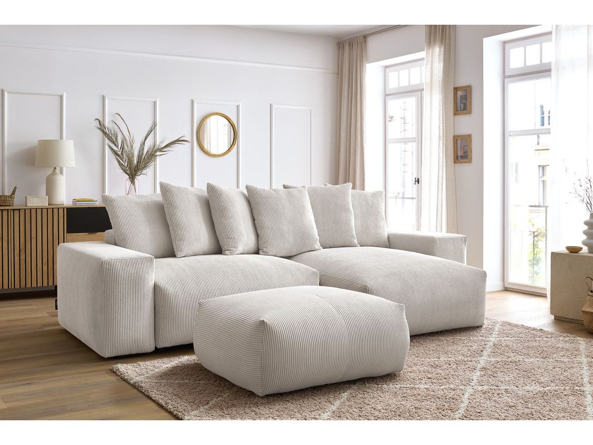 Bobochic Voltaire Ecksofa mit Schlaffunktion und Bettkasten und Pouf Cordsamt Beige