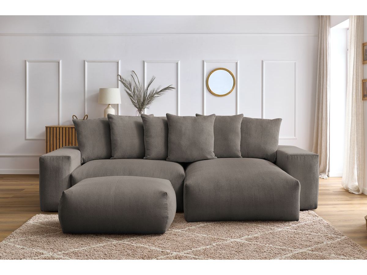 Bobochic Voltaire Ecksofa mit Schlaffunktion und Bettkasten und Pouf Cordsamt Taupe