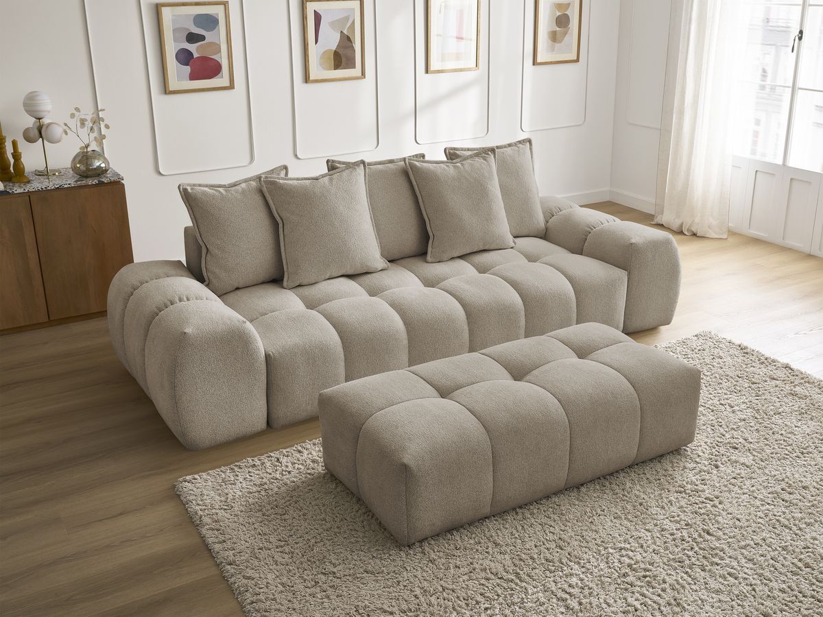 Bobochic Everest Sofa 3-Sitzer mit Pouf, 5 Kissen Melange-Stoff Taupe